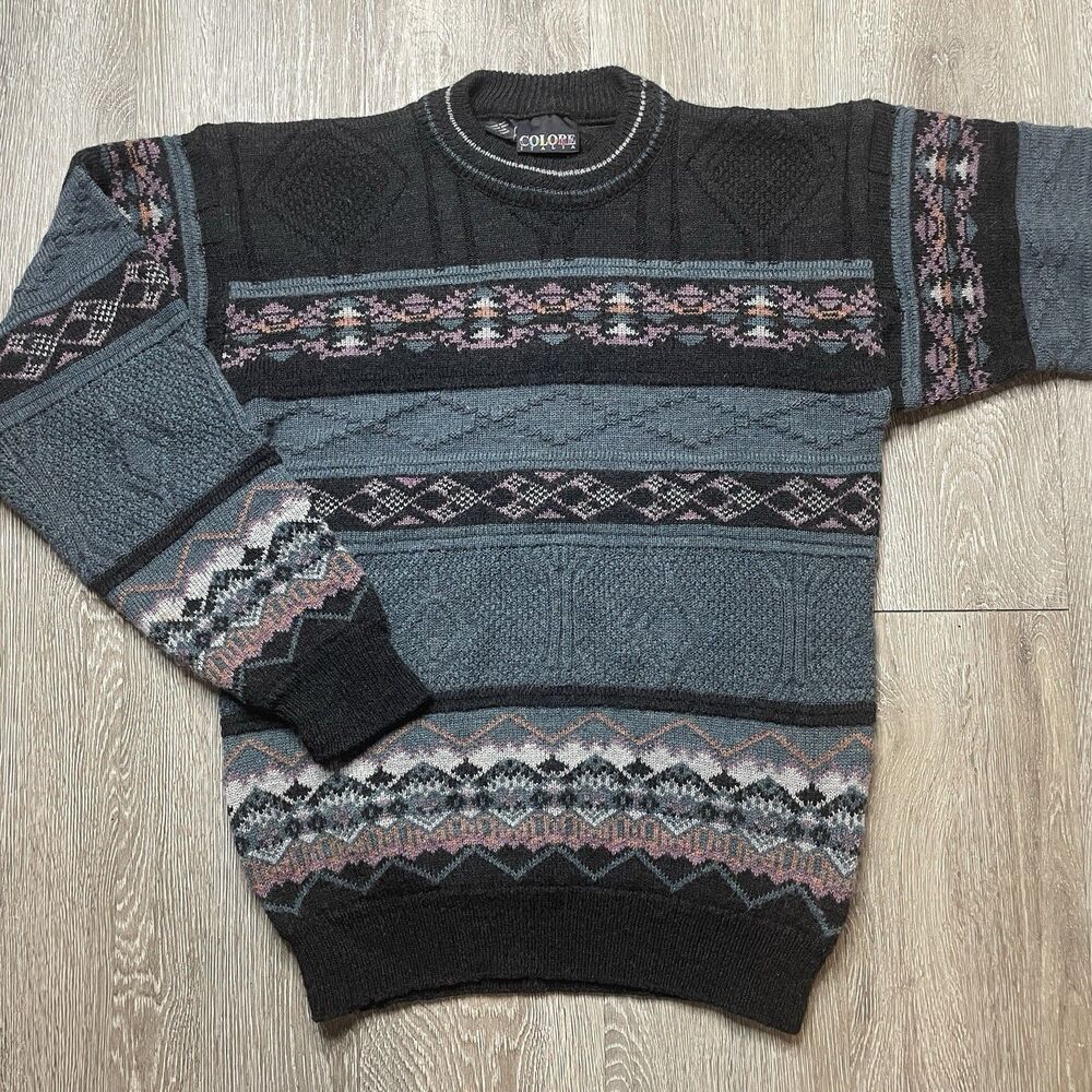 Vintage Colore Italia Men's Size Medium Wool Sweater Teal Geometric Pattern
